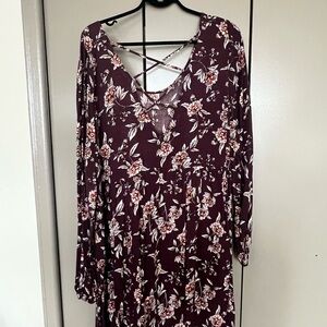 Floral Crisscross-Back Long Sleeve Dress in Burgundy